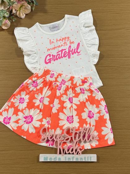 Imagem de Conjunto Infantil Momi Verão Saia Laranja Flores e Blusa Grateful