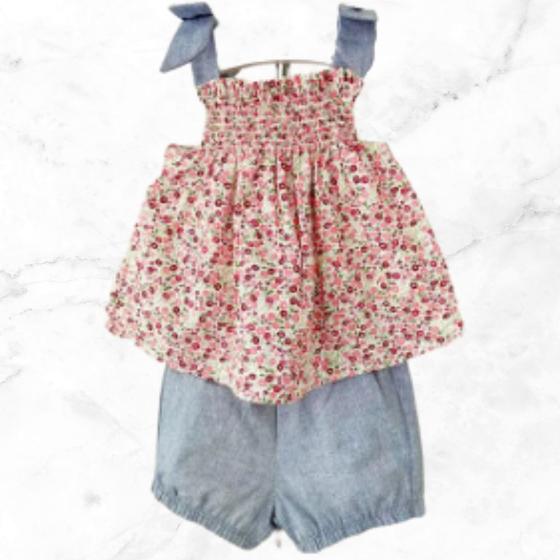 Imagem de Conjunto Infantil para Menina Floral Blusa Alcinha e Shorts Azul Casual e Fofo