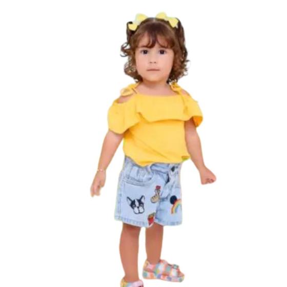 Imagem de Conjunto Infantil para Menina Shorts Jeans Blusa Ciganinha Amarela Encantador e Casual