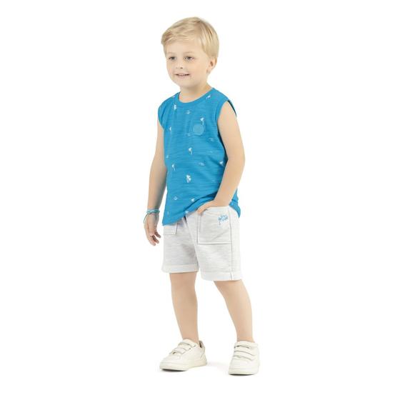 Imagem de Conjunto Infantil Regata Malha Flamê Bermuda Moletinho Azul/Mescla Claro