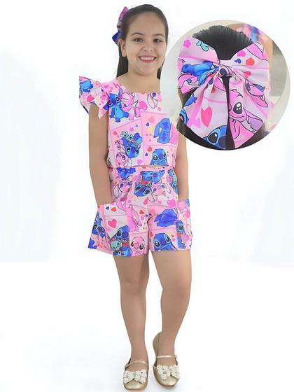 Imagem de Conjunto Infantil Stitch e Angel Menina Blogueirinha - Blusa Short + Enfeite Cabelo