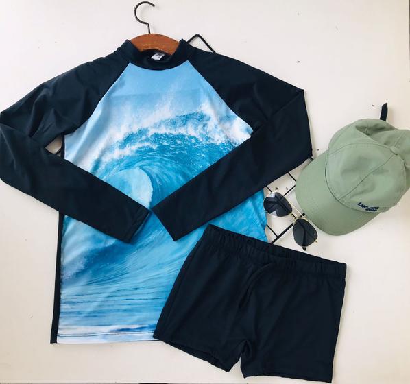 Imagem de Conjunto Infantil Sunga E Blusa Manga Longa Proteção UV50+ Surf Ondas Mar Praia Marujos e Sereias