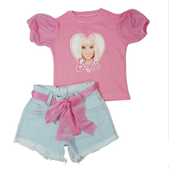Imagem de Conjunto Infantil Verão Barbie Girl Blusa Baby Look e Short Jeans Roupa da Barbie Pink Menina 5790