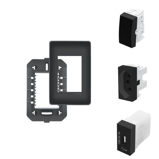 Imagem de Conjunto Interruptor Intermerdiario + Tomada 10A + Módulo USB Habitat Black - Fame