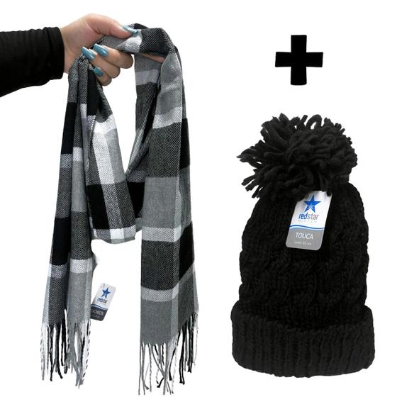 Imagem de Conjunto Inverno Com Cachecol Xadrez Inverno E Touca Pompom De Frio