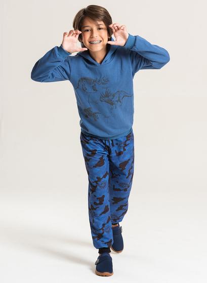 Imagem de Conjunto Inverno Menino Azul Blusão com Capuz e Calça em Moletom Dino Camuflado