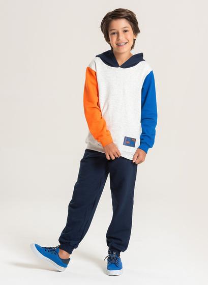 Imagem de Conjunto Inverno Menino Mescla Banana Blusão Com Mangas Contrastantes com Capuz e Calça em Moletom