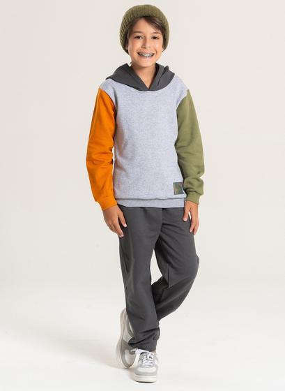 Imagem de Conjunto Inverno Menino Mescla Blusão Com Mangas Contrastantes com Capuz e Calça em Moletom
