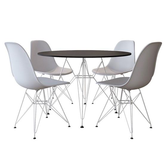 Imagem de Conjunto Jantar Eames De Ferro Branco Tampo Redondo 110cm Preto 4 Cadeiras Brancas