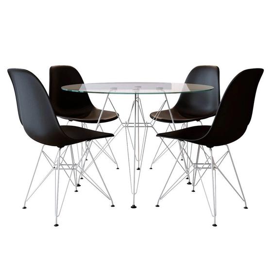 Imagem de Conjunto Jantar Eames De Ferro Branco Tampo Redondo 110cm Vidro 4 Cadeiras Pretas