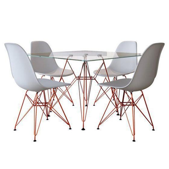 Imagem de Conjunto Jantar Eames de Ferro Cobre e Tampo Quadrado Vidro 90cm 4 Cadeiras Branca