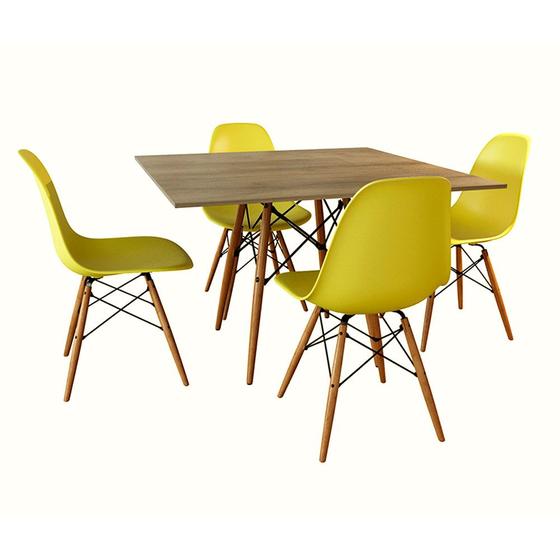 Imagem de Conjunto Jantar Eames Tampo Quadrado Amadeirado 90cm 4 Cadeiras Amarelas