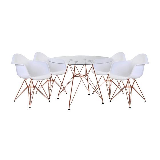 Conjunto Jantar Mesa Eames Eiffel Vidro Redonda 110cm com 4 Poltronas Brancas Ferro Cobre Menor preço em Conjunto Jantar Mesa Eames Eiffel Vidro Redonda 110cm com 4 Poltronas Brancas Ferro Cobre