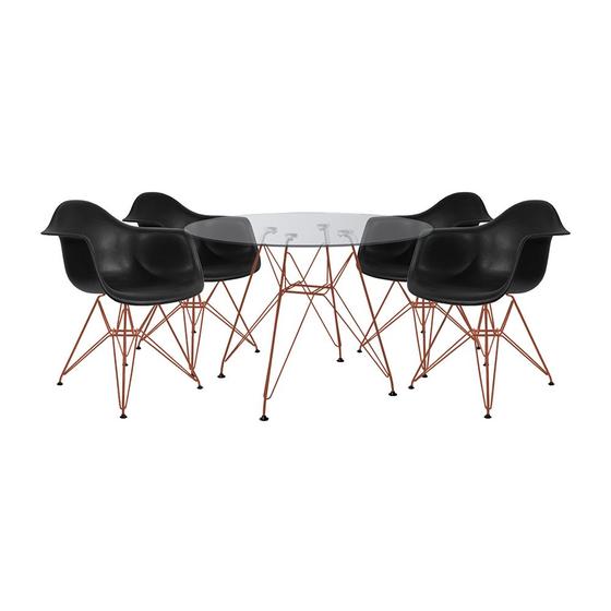 Conjunto Jantar Mesa Eames Eiffel Vidro Redonda 110cm com 4 Poltronas Pretas Ferro Cobre Menor preço em Conjunto Jantar Mesa Eames Eiffel Vidro Redonda 110cm com 4 Poltronas Pretas Ferro Cobre