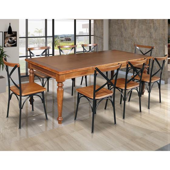 Imagem de Conjunto Jantar Mesa Leonora Madeira Maciça 240x100 com 8 Cadeiras Paris Base Alumínio - Castanho