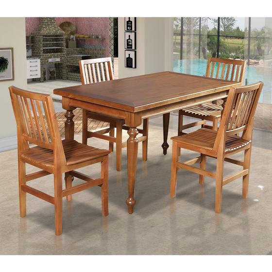 Imagem de Conjunto Jantar Mesa Madeira Maciça Rústica Franscisca 140x80 com 4 Cadeiras Ripada Confort Castanho