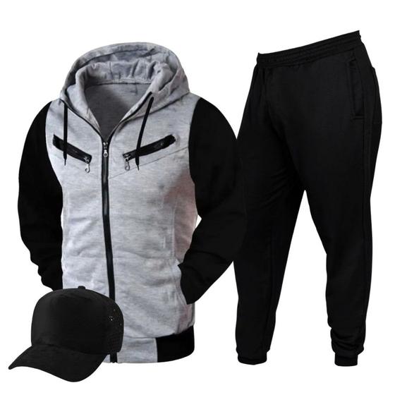 Imagem de Conjunto Jaqueta Com Ziper Calça Jogger Moletom Boné Camurça