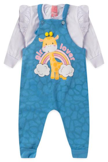 Imagem de Conjunto Jardineira Bebê Moletom Menina - Girafa - Azul e Branco