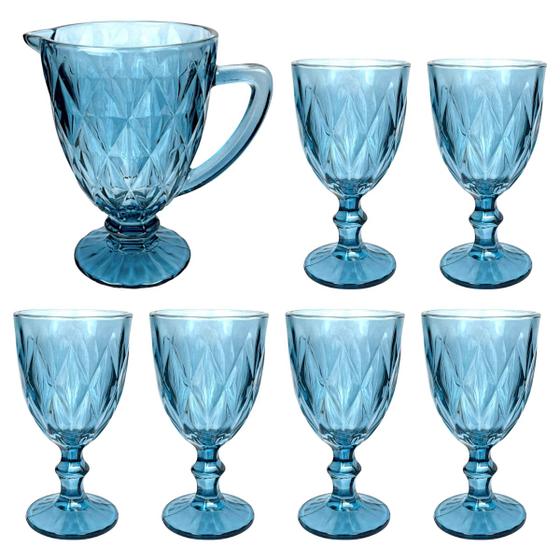 Imagem de Conjunto Jarra E Taças Vitral De Vidro Luxo 7 Peças - Azul