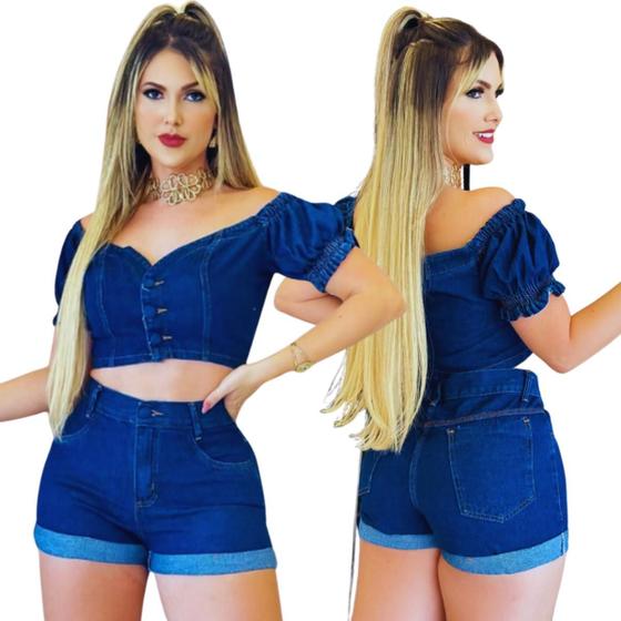 Imagem de Conjunto Jeaans Feminino Short Barra Dobrada Cropped Casual Cintura Alta