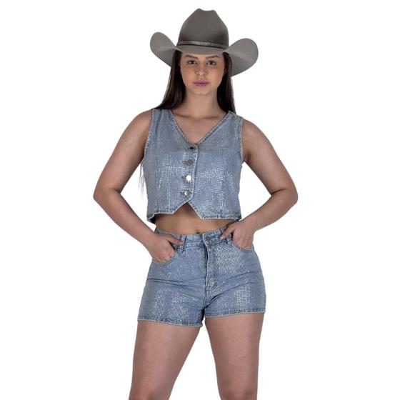 Imagem de Conjunto Jeans Claro Short e Cropped Silver Shine Brilhos Pratas Strass Texas Ranch Jeans Oficial