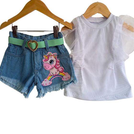 Imagem de Conjunto Jeans Infantil Meninas -Short+Cinto+Blusinha Manga Tule- Festas-Natal-Ano Novo- Manu -Unicórnio Arco iris-