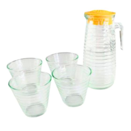 Imagem de Conjunto Jogo 5 Peças Jarra de Vidro 900ml Com Kit 4 Copos 250ml Qualidade 0,9L Útil Bazar