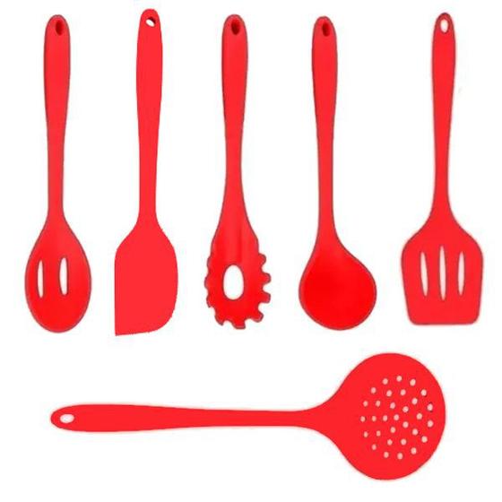 Imagem de Conjunto Jogo Colheres Utensílios Silicone Maciço Vermelho 6 Peças