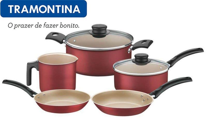 Conjunto Jogo de Panelas 5 Peças Antiaderente Tramontina Turim Vermelho Menor preço em Conjunto Jogo de Panelas 5 Peças Antiaderente Tramontina Turim Vermelho