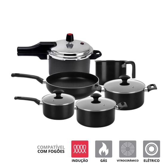 Conjunto Jogo De Panelas Multiflon Antiaderente Fogão Gás Indução c/ Wok Fervedor Panela de Pressão kit 6 Peças Menor preço em Conjunto Jogo De Panelas Multiflon Antiaderente Fogão Gás Indução c/ Wok Fervedor Panela de Pressão kit 6 Peças