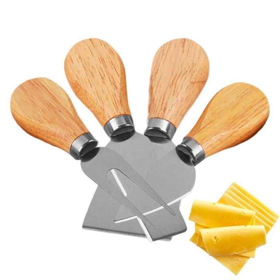 Imagem de Conjunto Jogo Para Cortar Queijo 4 Peças Itens Aço Inox Kit Facas Espátula Garfo Fatiador Fatiar Picar Cortador Picador