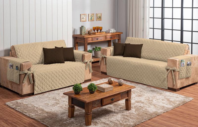 Imagem de Conjunto jogo protetor de sofá 2 e 3 lugares caqui com 4 almofadas marrom escuro