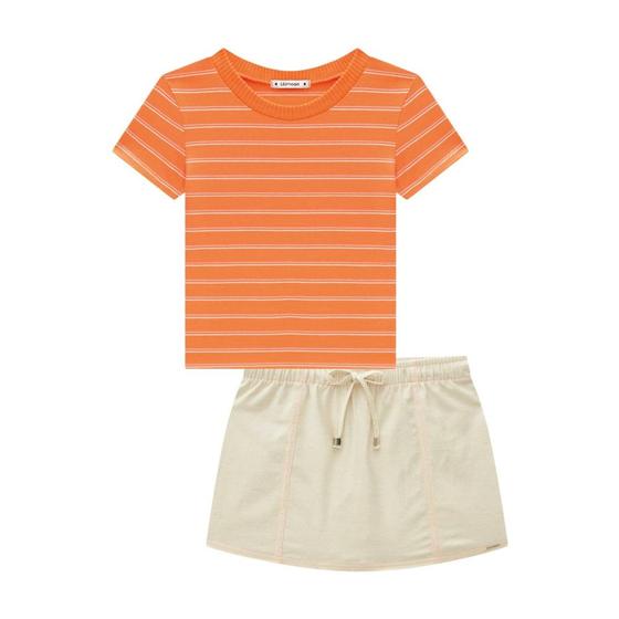 Imagem de Conjunto Juvenil Blusa Listrada e Short Saia Laranja/Off White - Lilimoon