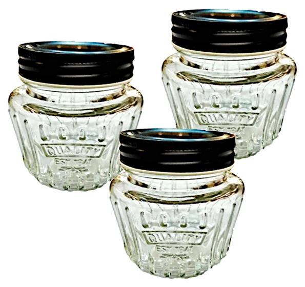 Conjunto Kit 03 Mini Potes Vidro Retrô Vintage Quality Tampa Metal