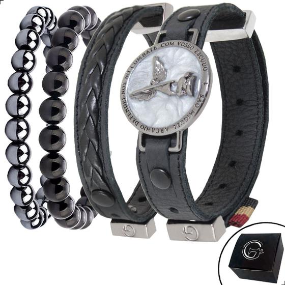 Imagem de Conjunto KIT 04 Pulseiras de Couro Preto SÃO MIGUEL ARCANJO e Pedras Naturais e Fecho Strap Plug Ajustável