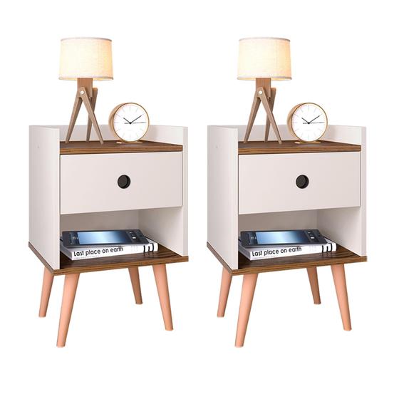 Conjunto Kit 2 Mesas de Cabeceira Pequena Mesinhas com Nicho Decore - Offwhite/Freijo Menor preço em Conjunto Kit 2 Mesas de Cabeceira Pequena Mesinhas com Nicho Decore - Offwhite/Freijo