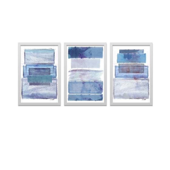 Imagem de Conjunto Kit 3 Quadros Abstrato Retângulos Azuis Moldura Branca