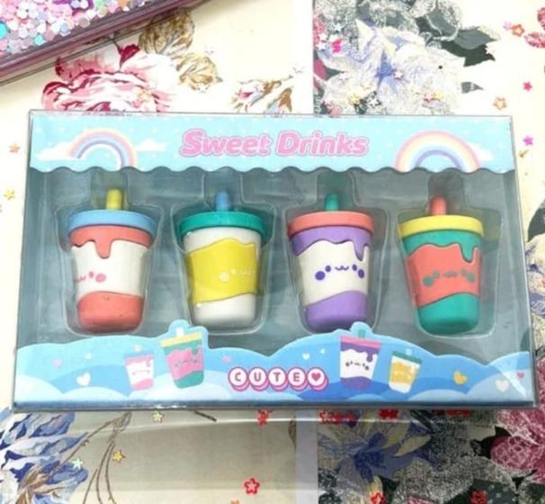 Imagem de Conjunto kit 4 borrachas divertidas formato copinho canudo  bebidas resistente