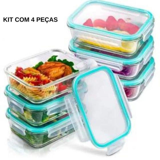 Imagem de Conjunto Kit 4 Potes Vidro Hermético Retangular 370ml