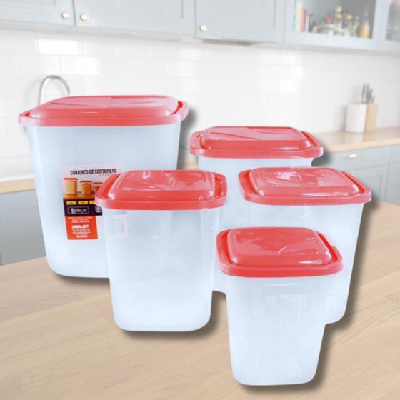 Imagem de Conjunto Kit 5 Potes Com Tampa Vermelho Arroz Feijão Café Açúcar Grãos