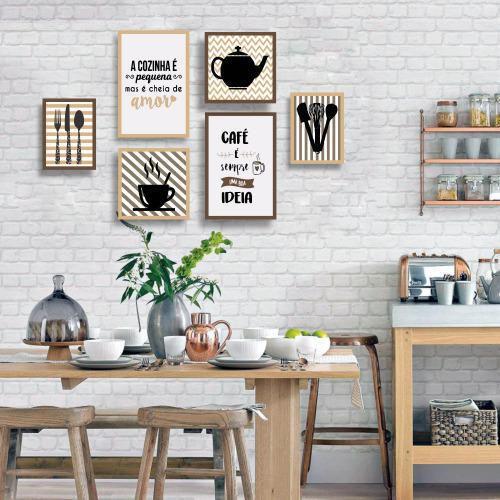 Imagem de Conjunto Kit 6 Quadros Decorativos Bege Marrom Cozinha Café