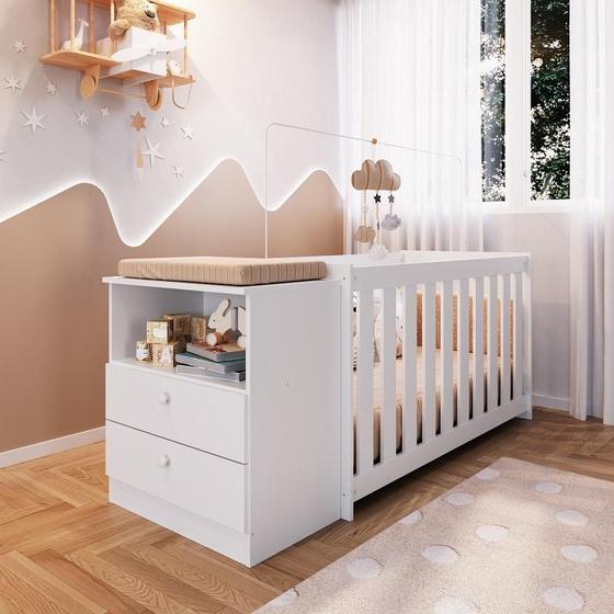 Imagem de Conjunto Kit Berço Regulagem Cômoda 2 gavetas Infantil Bebê Branco Aconchego Completa