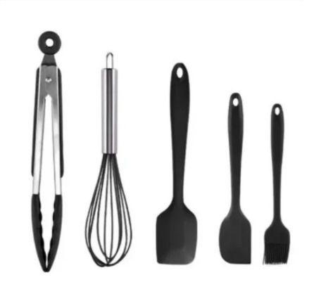 Imagem de Conjunto Kit Combo Jogo Utensílhos Cozinha 5 Peças Silicone Espátula Pinça Fuê Batedor de Claras Pincel