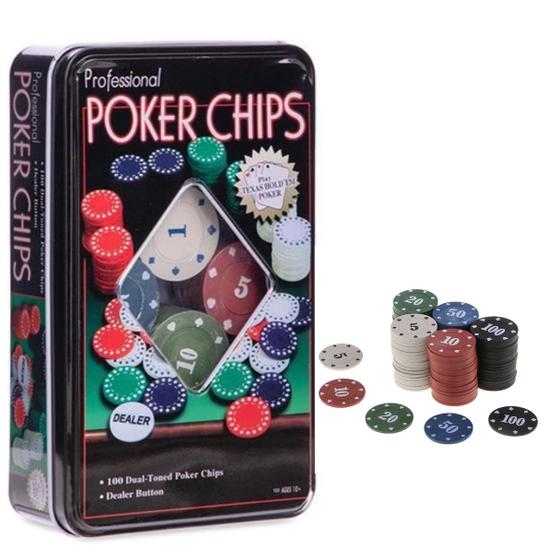 Imagem de Conjunto Kit de Fichas de Poker Lata 100 fichas numeradas e coloridas profissional + Dealer