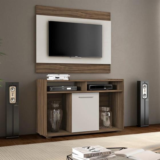 Conjunto Kit Home Painel Suspenso e Rack Bancada Para TV Até 43" Sala Estar Marrom Escuro Off White Menor preço em Conjunto Kit Home Painel Suspenso e Rack Bancada Para TV Até 43" Sala Estar Marrom Escuro Off White