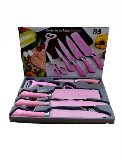 Imagem de Conjunto Kit Jogo De Facas Tesoura Cozinha Churrasco Chef 6pcs Aço Inox Color Rosa Ke Home