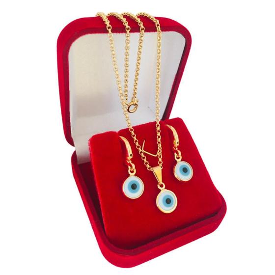 Imagem de Conjunto Kit Presente Brinco e Colar Olho Grego Semijoia Folheada a Ouro 18k