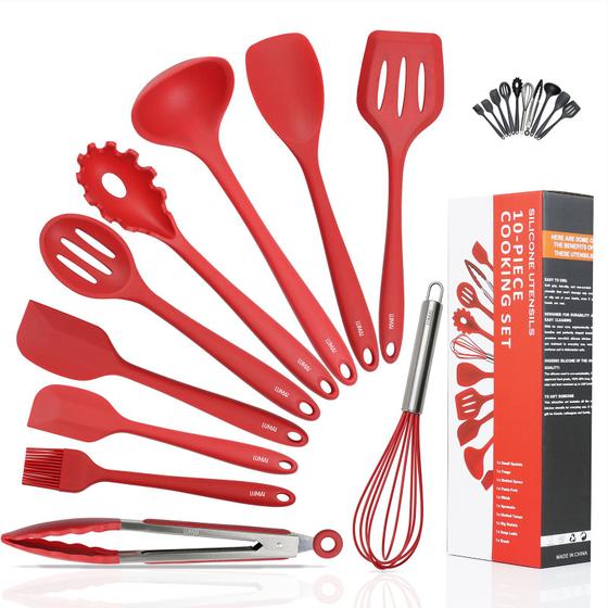 Conjunto Kit Utensílios De Cozinha Silicone Inox - Jogo de Utensilio 10 peças Colheres Espatulas Conchas Pegadores LUMAI Imagem de Conjunto Kit Utensílios De Cozinha Silicone Inox - Jogo de Utensilio 10 peças Colheres Espatulas Conchas Pegadores LUMAI