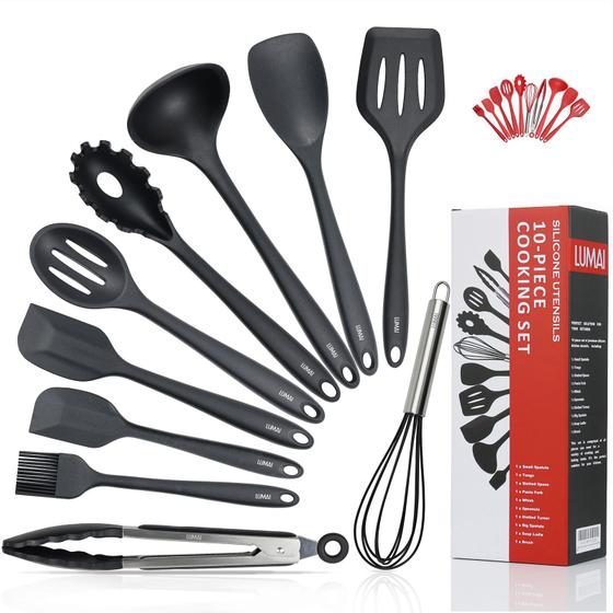 Imagem de Conjunto Kit Utensílios De Cozinha Silicone Inox - Jogo de Utensilio 10 peças Colheres Espatulas Conchas Pegadores LUMAI