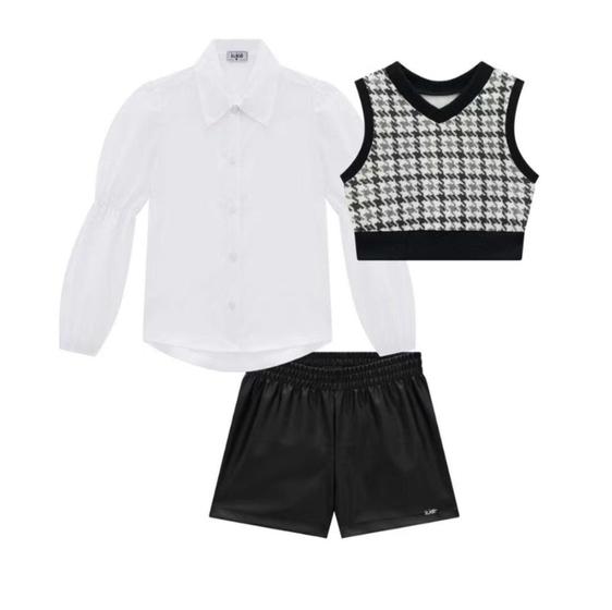 Imagem de Conjunto Kukiê Camisa Manga Longa Colete Xadrez Moda Blogueirinha Short material ecológico Kukiê